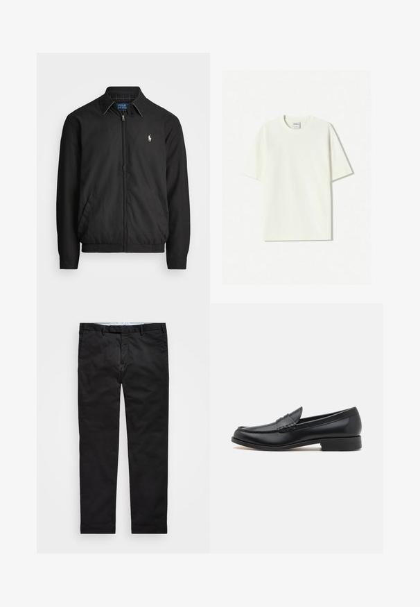 Zwarte bomberjack van glad materiaal met een rits aan de voorkant, elastische manchetten, zijzakken en een klein geborduurd logo op de borst.; Witte oversized katoenen T-shirt met een ronde hals, korte mouwen en een label dat in de hals is genaaid. Soepele textuur, minimalistisch ontwerp.; Zwarte chinos met een rechte pasvorm, gemaakt van een katoenmix stof, met een ritsfly, riemlussen en zijzakken. Glad textuur.; Zwarte leren instapper met een gestikt moccasin-front, een gladde afwerking, ronde neus, lage hak en subtiele decoratieve accenten.