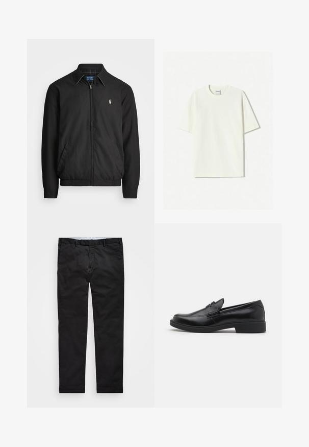 Black bomber jacket made of smooth material featuring a zip front, elastic cuffs, side pockets, and a small embroidered logo on the chest.; White oversized cotton T-shirt with a crew neck, short sleeves, and a label sewn into the neckline. Smooth texture, minimalistic design.; Black chinos with a straight-leg fit, made of cotton blend fabric, featuring a zip fly, belt loops, and side pockets. Smooth texture.; Black leather loafers with a rounded toe, raised stitching detail on the vamp, and a flat rubber sole. Smooth texture, classic design.
