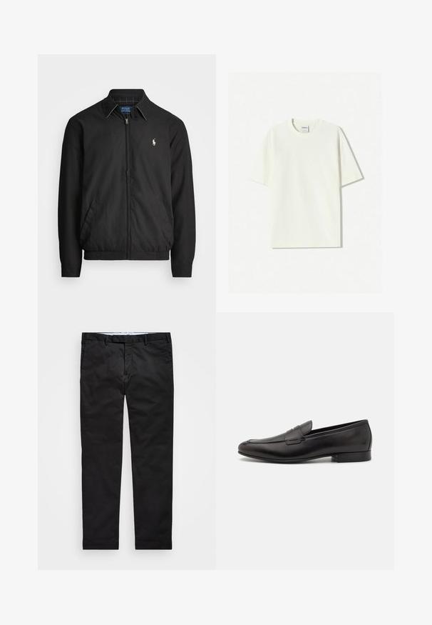 Black bomber jacket made of smooth material featuring a zip front, elastic cuffs, side pockets, and a small embroidered logo on the chest.; White oversized cotton T-shirt with a crew neck, short sleeves, and a label sewn into the neckline. Smooth texture, minimalistic design.; Black chinos with a straight-leg fit, made of cotton blend fabric, featuring a zip fly, belt loops, and side pockets. Smooth texture.; Black leather loafers with a sleek design, rounded toe, and low stacked heel. Features a decorative stitched detail on the upper.