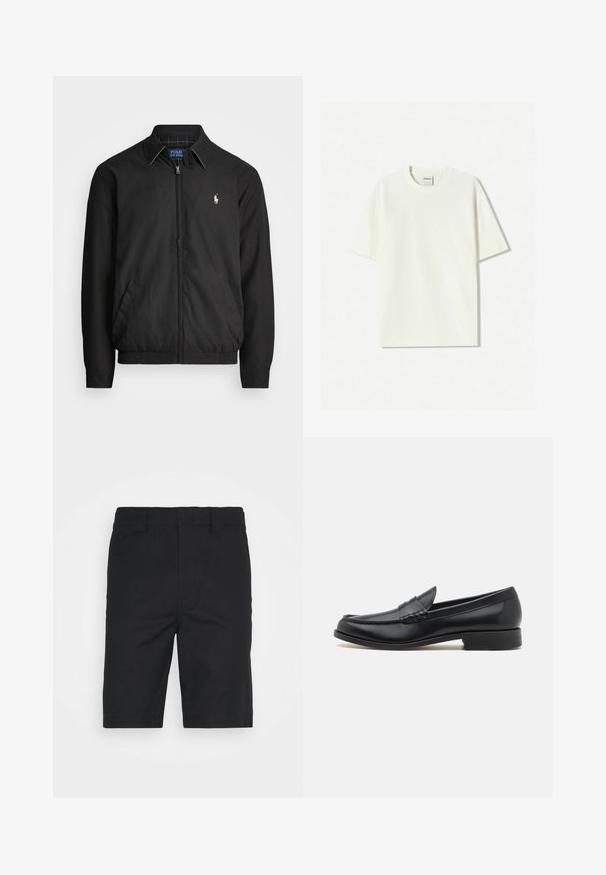 Čierna bomber bunda vyrobená z hladkého materiálu s predným zipsom, elastickými manžetami, bočnými vreckami a malým vyšívaným logom na hrudi.; Biela nadmerná bavlnená tričká s krátkym rukávom a okrúhlym výstrihom, s etikettou pri krku. Hladká textura, minimalistický dizajn.; Čierne bavlnené šortky s rovnými strihom, pútkami na opasok a s čistým zakončením. Obsahujú skryté predné vrecká a hladkú textúru.; Čierne kožené mokasíny s prešitým predným dielom v štýle mokasín, hladkým povrchom, zaoblenou špičkou, nízkym podpätkom a jemnými dekoratívnymi akcentmi.