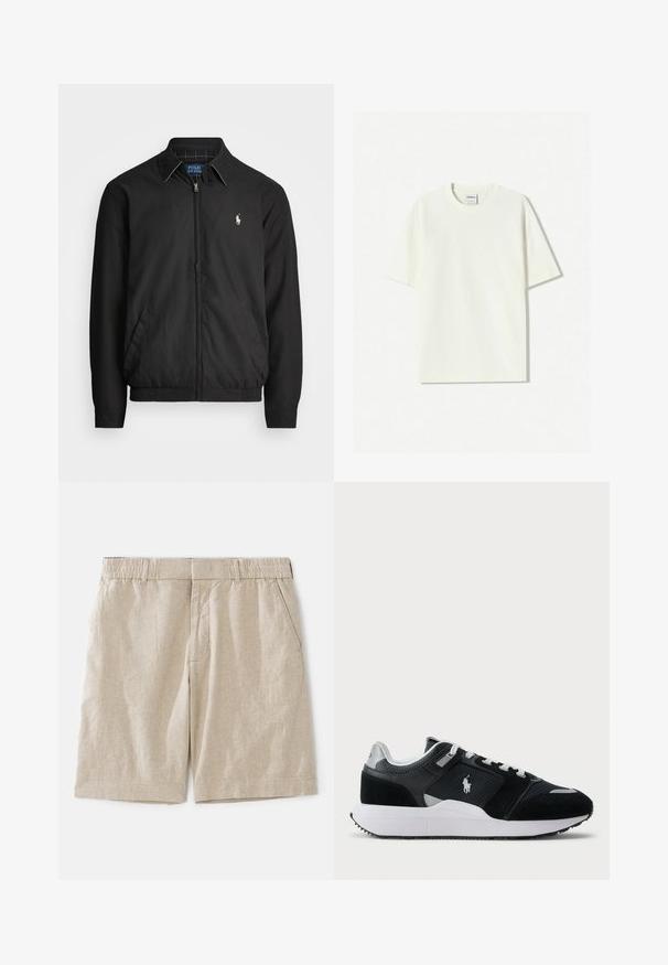 Schwarze Bomberjacke aus glattem Material mit Frontreißverschluss, elastischen Bündchen, seitlichen Taschen und einem kleinen gestickten Logo auf der Brust.; Weiße oversized Baumwoll-T-Shirt mit Rundhalsausschnitt, kurzen Ärmeln und einem eingenähten Etikett im Ausschnitt. Glatte Textur, minimalistisches Design.; Beige Leinen-Shorts mit lockerer Passform, ausgestattet mit einem elastischen Bund und seitlichen Taschen. Glatte Textur mit einem dezenten gewebten Muster.; Schwarze und weiße Low-Top-Sneaker mit Obermaterial aus Mesh und Wildleder, weißen Schnürsenkeln, weißer Sohle und einem Polo-Spieler-Logo an der Seite.