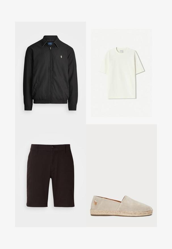 Černá bomber bunda vyrobená z hladkého materiálu, se zipem vpředu, elastickými manžetami, bočními kapsami a malým vyšitým logem na hrudi.; Bílá oversized bavlněná tričko s kulatým výstřihem, krátkými rukávy a štítkem přišitým na výstřihu. Hladká textura, minimalistický design.; Černé šortky z hladké tkaniny, s knoflíkovým zapínáním, poutky na opasek a čistými liniemi. Délka sahá těsně nad koleno.; Béžové semišové espadrilky s jutovou podrážkou, s texturovaným povrchem a malým vyšitým logem na patě.