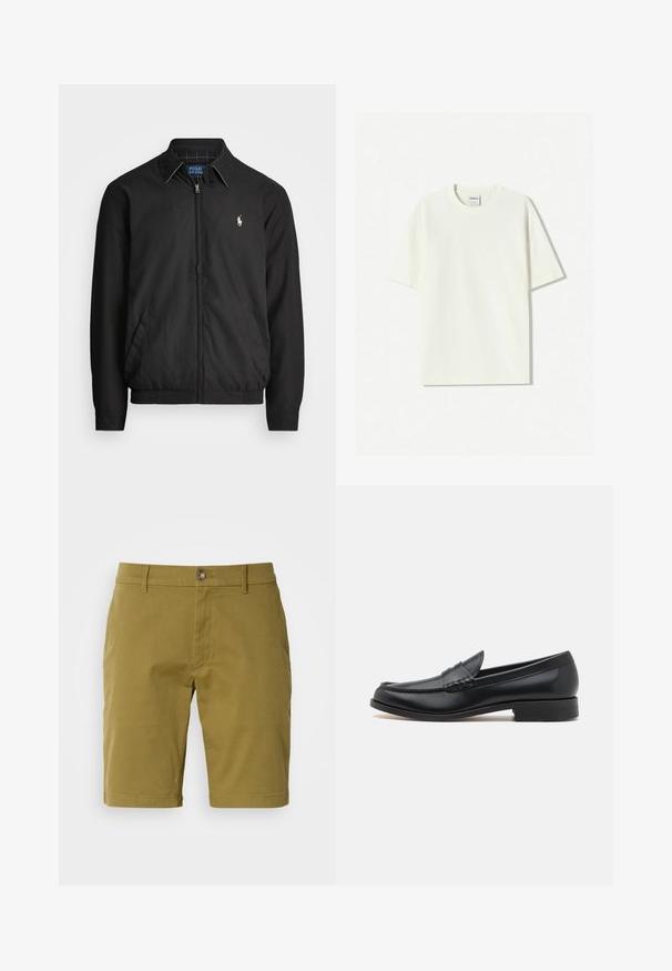 Crna bomber jakna od glatkog materijala s patentnim zatvaračem sprijeda, elastičnim rukavima, bočnim džepovima i malim izvezenim logotipom na prsima.; Bijela oversized pamučna majica s okruglim izrezom, kratkim rukavima i oznakom ušivenom u izrez. Glatka tekstura, minimalistički dizajn.; Kratke hlače maslinaste boje od mješavine pamuka, s prednjim kopčanjem na gumb, petljama za remen i bočnim džepovima. Glatka tekstura, prilagođeni kroj.; Crna kožna loafer cipela s našivenim moccasin prednjim dijelom, glatkom završnom obradom, zaobljenim vrhom, niskom petom i suptilnim dekorativnim detaljima.
