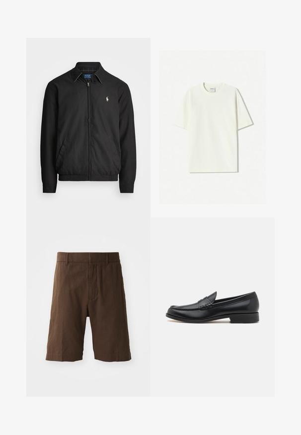 Giacca bomber nera realizzata in materiale liscio, con chiusura a zip frontale, polsini elasticizzati, tasche laterali e un piccolo logo ricamato sul petto.; T-shirt bianco oversize in cotone con collo rotondo, maniche corte e un'etichetta cucita nel collo. Texture liscia, design minimalista.; Pantaloni corti in lino marrone con una vestibilità rilassata, vita elastica e gambe dritte. Texture liscia con un design semplice e pulito.; Mocassino in pelle nera con una parte anteriore cucita, finitura liscia, punta arrotondata, tacco basso e sottili accenti decorativi.