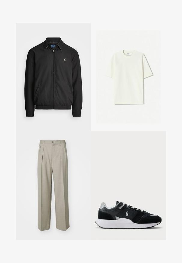 Zwarte bomberjack van glad materiaal met een rits aan de voorkant, elastische manchetten, zijzakken en een klein geborduurd logo op de borst.; Witte oversized katoenen T-shirt met een ronde hals, korte mouwen en een label dat in de hals is genaaid. Soepele textuur, minimalistisch ontwerp.; Filippa K WIDE TROUSERS - Broek - sage melange; Zwart-wit lage sneaker met bovenwerk van mesh en suede, witte veters, witte zool en een polo speler logo aan de zijkant.