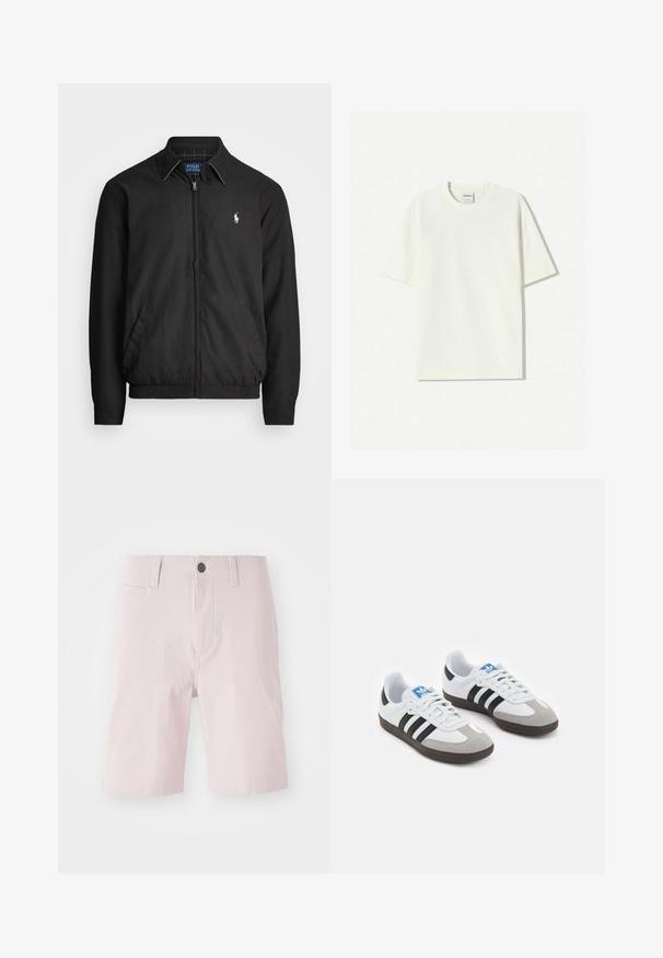 Zwarte bomberjack van glad materiaal met een rits aan de voorkant, elastische manchetten, zijzakken en een klein geborduurd logo op de borst.; Witte oversized katoenen T-shirt met een ronde hals, korte mouwen en een label dat in de hals is genaaid. Soepele textuur, minimalistisch ontwerp.; Lichtroze shorts van katoen, met een rechte voorkant, riemlussen, een enkele knoopsluiting en zijzakken. Gladde textuur.; Sportschoenen met een witte leren bovenkant, grijze suède neus en drie zwarte strepen. Bevat een blauw logo op de tong en een gestructureerde rubberen zool.