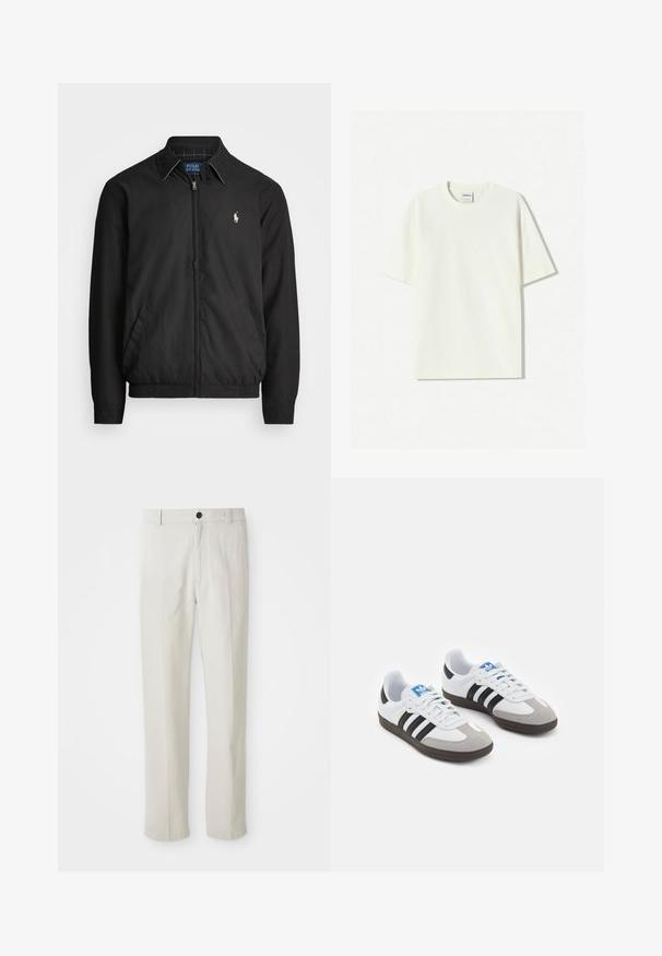 Musta bomber-takki, joka on valmistettu sileästä materiaalista ja jossa on vetoketjukiinnitys, joustavat hihansuut, sivutaskut ja pieni brodeerattu logo rinnassa.; Valkoinen ylimittainen puuvillapaita, jossa on pyöreä pääntie, lyhyet hihat ja nimilaput ommeltuna kaula-aukkoon. Sujuva kangas, minimalisticinen muotoilu.; Kangas beige suoraan lahkoinen, jossa on vyölenkit, etunappi dan zip-päällyste, esitetty tasaisesti valkoisella taustalla.; Urheilukengät, joissa on valkoinen nahkainen päällinen, harmaa mokkanokka ja kolme mustaa raitaa. Ominaisuuksina sininen logo kielekkeessä ja kuvioitu kumipohja.