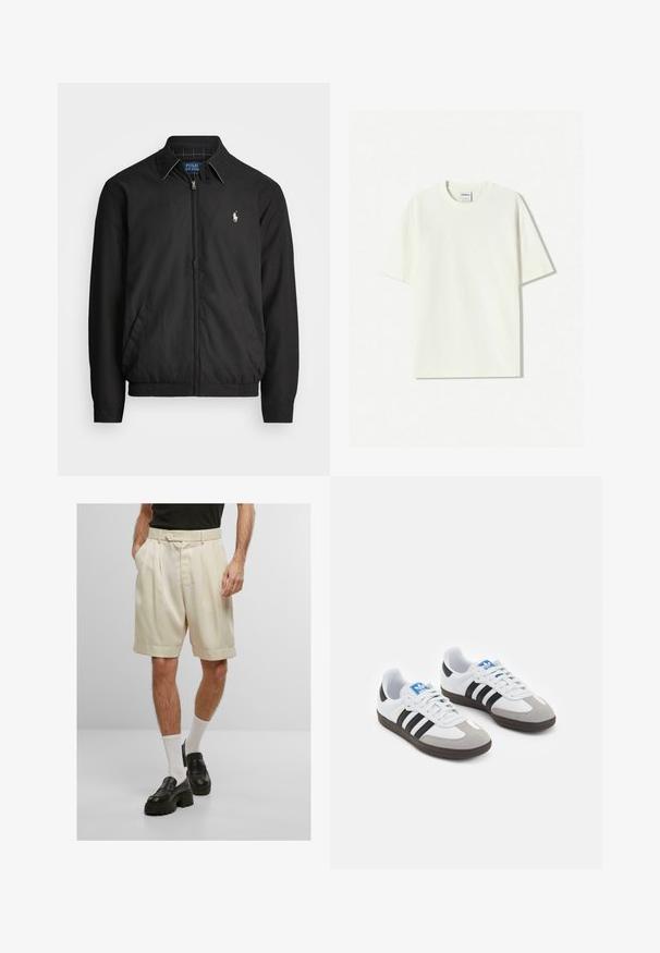 Čierna bomber bunda vyrobená z hladkého materiálu s predným zipsom, elastickými manžetami, bočnými vreckami a malým vyšívaným logom na hrudi.; Biela nadmerná bavlnená tričká s krátkym rukávom a okrúhlym výstrihom, s etikettou pri krku. Hladká textura, minimalistický dizajn.; Krémské zložené šortky s bočnými vreckami, zapínaním na gombík a prehnutými manžetami, spárované s čiernymi platformovými loafers a bielymi ponožkami.; Športové topánky s bielym koženým zvrškom, šedou semišovou špičkou a tromi čiernymi pruhmi. Obsahujú modré logo na jazyku a štruktúrovanú gumovú podrážku.