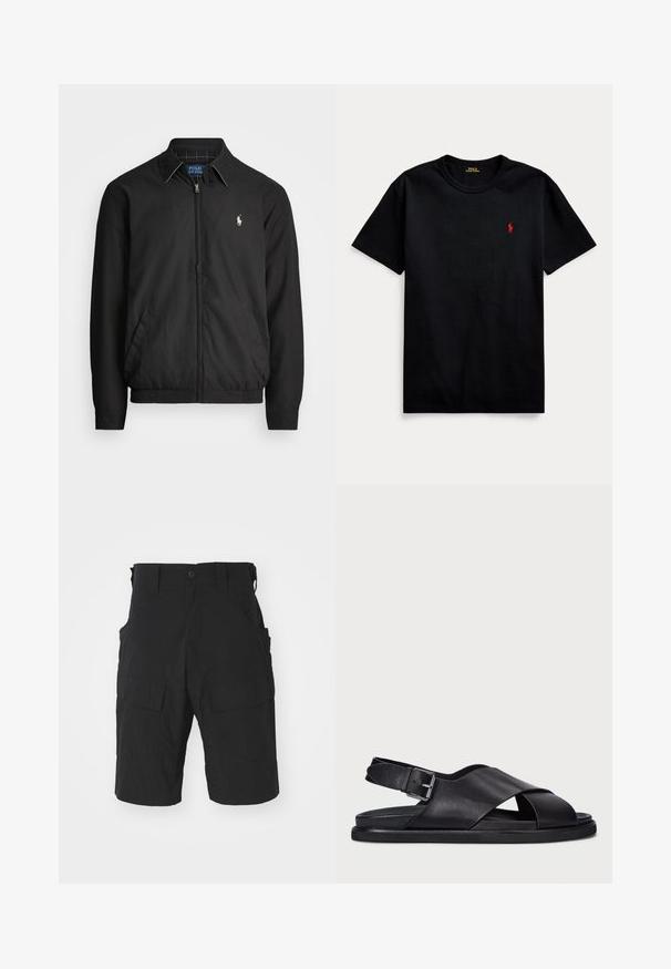 Must musta jakk, mis on valmistatud siledast materjalist. Selles on ettepoole tõmmatav tõmblukk, elastsed mansetid, küljetaskud ja rindkere peal väike tikandiga logo.; Must have lühikeste varrukatega must puuvillane T-särk, ümmargune kaelus ja väike punane tikitud logo vasakul rinnal. Sile tekstuur, lõdva disainiga.; Mustad mustad lühikesed püksid, mis on valmistatud kerge kangaga, millel on mitmed taskud, nupuga sulgemine ja lõdvenenud istuvus, mille pikkus ulatub põlvedeni.; Polo Ralph Lauren ZANE LEATHER SANDAL - Sandaalid - black