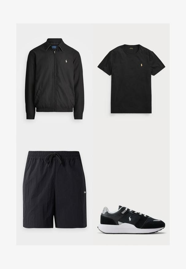 Melna bomber jaka, izgatavota no gludas auduma, ar rāvējslēdzēja priekšpusi, elastīgām piedurknēm, sānu kabatām un mazu izšūtu logotipu uz krūtīm.; Melna īsām piedurknēm t-kreklā, izgatavota no kokvilnas, ar apaļu kakla izgriezumu, ar nelielu zelta polo logo kreisajā krūšu daļā.; Melnas peldkostīmu bikses, kas izgatavotas no teksturēta auduma, ar elastīgu jostu un auklu, kā arī nelielu logotipu sānos.; Melnas un baltas zemas tenisa kurpes ar acs un zamšādas augšdaļu, baltām auklām, baltu zoli un polo spēlētāja logo sānos.