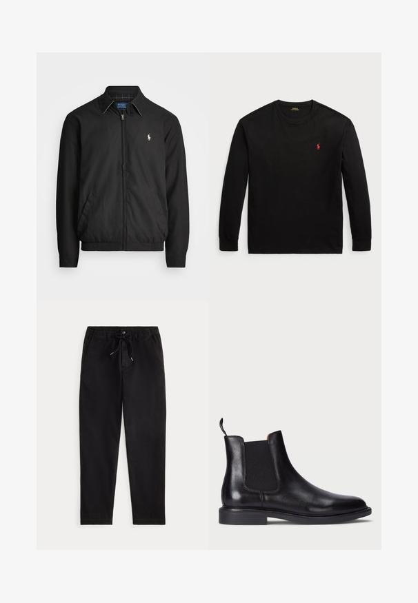 Czarna kurtka bombowiec wykonana z gładkiego materiału, z zamkiem z przodu, elastycznymi mankietami, kieszeniami bocznymi i małym haftowanym logo na klatce piersiowej.; Czarny t-shirt z długim rękawem wykonany z bawełny. Posiada okrągły dekolt, ściągacze przy mankietach oraz małe czerwone haftowane logo na piersi. Gładka tekstura.; Czarne casualowe spodnie z elastycznym pasem, sznurkiem do regulacji, guzikiem z przodu oraz bocznymi kieszeniami, zaprezentowane na jednolitym tle.; Czarne skórzane botki Chelsea z elastycznymi panelami bocznymi, teksturowanym wykończeniem, okrągłym noskiem i niskim, warstwowym obcasem. Posiadają pętelkę ułatwiającą zakładanie.