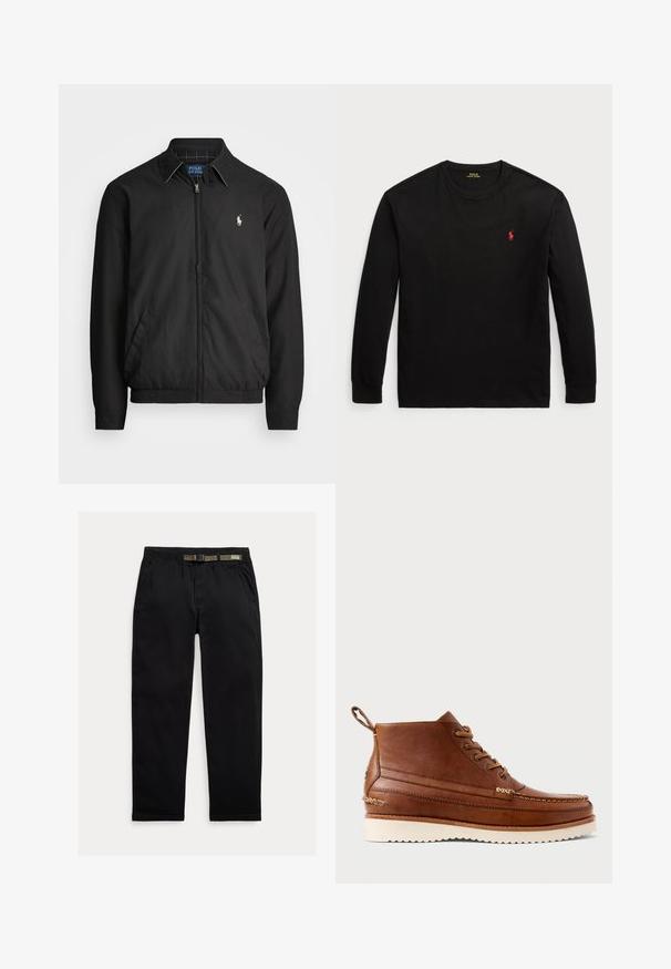 Musta bomber-takki, joka on valmistettu sileästä materiaalista ja jossa on vetoketjukiinnitys, joustavat hihansuut, sivutaskut ja pieni brodeerattu logo rinnassa.; Musta pitkähihaisen t-paita 100 % puuvillaa. Ominaisuuksiin kuuluu pyöreä pääntie, ribatut hihansuut ja pieni punainen brodeerattu logo rinnassa. Silkkinen pinta.; Mustat housut, jotka on valmistettu kevyestä kankaasta. Niissä on joustava vyötärö, johon on integroitu vihreä vyö, suora lahje ja sivutaskut.; Ruske kožne gležnjače s kremasto gumenom potplatom, vezivanje sprijeda, šav s moc toe stilom i petni remen, prikazane u profilu na bijeloj pozadini.