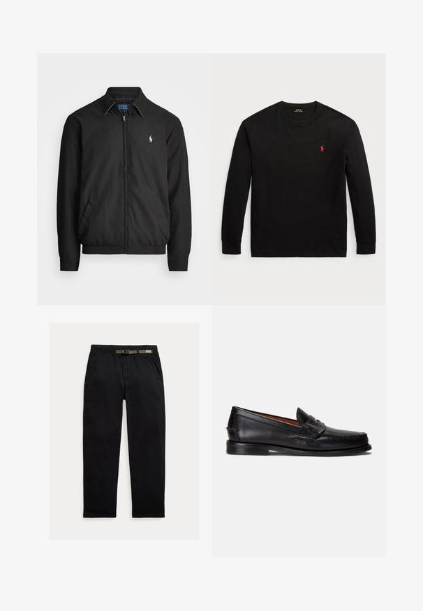 Veste bomber noire en matériau lisse, dotée d'une fermeture éclair à l'avant, de poignets élastiques, de poches latérales et d'un petit logo brodé sur la poitrine.; T-shirt noir à manches longues en coton. Il possède un col rond, des poignets côtelés et un petit logo rouge brodé sur la poitrine. Texture lisse.; Pantalon noir en tissu léger, avec une taille élastique intégrant une ceinture verte, coupe droite et poches latérales.; Mocassins en cuir noir à finition lisse, bout arrondi et bande décorative sur le dessus. Ils présentent une semelle noire basse.