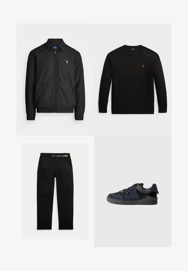 Casaco bomber preto feito de material liso, com fecho éclair à frente, punhos elásticos, bolsos laterais e um pequeno logótipo bordado no peito.; Camisola de manga longa preta feita de algodão. Apresenta um colarinho redondo, punhos canelados e um pequeno logo bordado vermelho no peito. Textura suave.; Calças pretas feitas de um tecido leve, com uma cintura elástica com um cinto verde integrado, corte reto e bolsos laterais.; Os tênis pretos e azul-marinho apresentam materiais em camurça e malha, com uma sola grossa e um destacado detalhe em recorte de "M" na lateral.