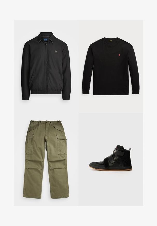 Casaco bomber preto feito de material liso, com fecho éclair à frente, punhos elásticos, bolsos laterais e um pequeno logótipo bordado no peito.; Camisola de manga longa preta feita de algodão. Apresenta um colarinho redondo, punhos canelados e um pequeno logo bordado vermelho no peito. Textura suave.; Calças cargo verde-oliva feitas de tecido texturizado, com múltiplos bolsos frontais e laterais e costuras reforçadas nas costuras.; Tênis pretos de cano alto com duas correias ajustáveis, parte superior em couro texturizado, detalhes em malha e sola de borracha tipo gum.