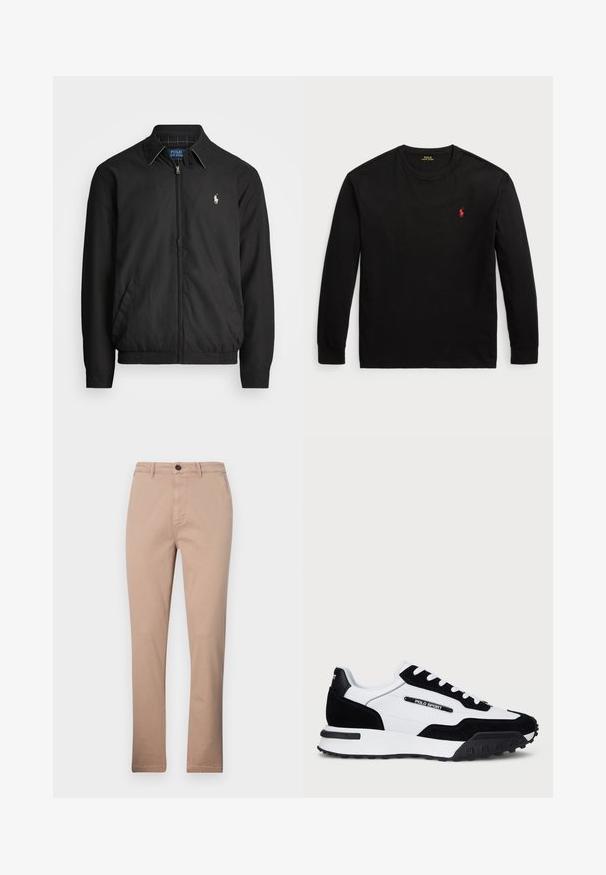 Black bomber jacket made of smooth material featuring a zip front, elastic cuffs, side pockets, and a small embroidered logo on the chest.; Black long-sleeve t-shirt made of cotton. Features a crew neck, ribbed cuffs, and a small red embroidered logo on the chest. Smooth texture.; Beige chinos made of cotton blend, featuring a straight leg design, front pockets, and a single button closure. Smooth texture.; Sneakers with a black suede and white leather upper, featuring a black rubber sole, white laces, and a "POLO SPORT" logo on the side.