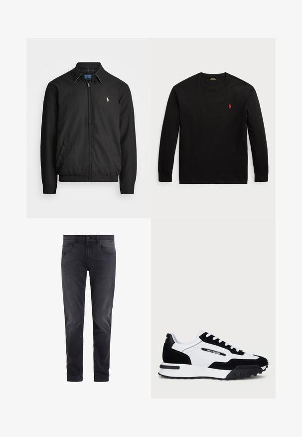 Zwarte bomberjack van glad materiaal met een rits aan de voorkant, elastische manchetten, zijzakken en een klein geborduurd logo op de borst.; Zwarte longsleeve t-shirt van katoen. Heeft een ronde hals, ribgebreide manchetten en een klein rood geborduurd logo op de borst. Vlotte textuur.; Zwarte spijkerbroek van denim met een slim fit, vijf zakken, knoopsluiting en subtiele vervaging. Gladde textuur met een klassieke uitstraling.; Sneakers met een bovenwerk van zwart suède en witte leer, voorzien van een zwarte rubberen zool, witte veters en een "POLO SPORT" logo aan de zijkant.