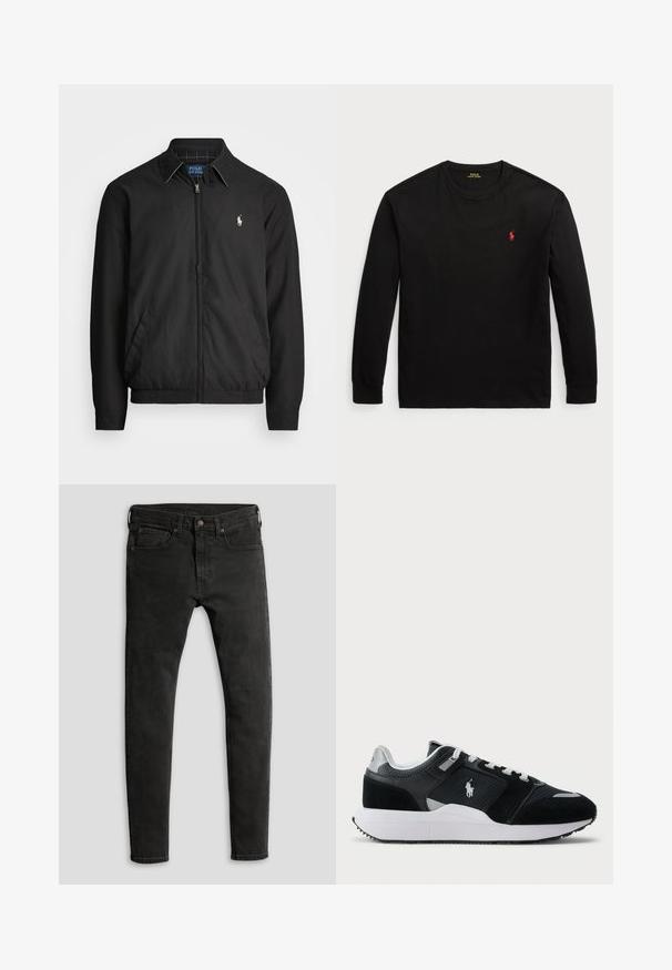 Crna bomber jakna od glatkog materijala s patentnim zatvaračem sprijeda, elastičnim rukavima, bočnim džepovima i malim izvezenim logotipom na prsima.; Crna majica dugih rukava od pamuka. Ima okrugli izrez, rebraste manšete i mali crveni izvezeni logo na prsima. Glatka tekstura.; Uske crne traperice s mat završnom obradom, s pet džepova i klasičnim zatvaračem na dugme i patent.; Crno-bijeli niske tenisice s gornjim dijelom od mrežaste i antilop kože, bijelim vezicama, bijelim potplatom i logom igrača polo na bočnoj strani.