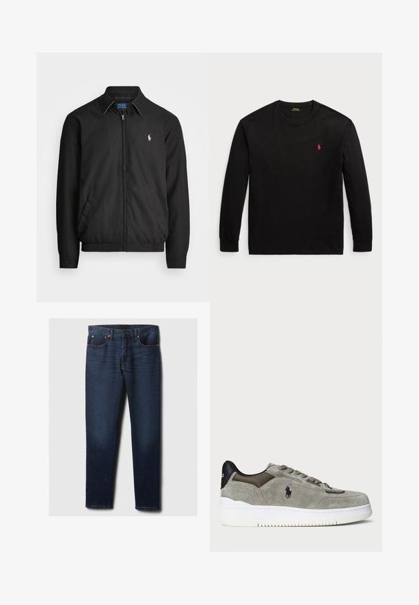 Melna bomber jaka, izgatavota no gludas auduma, ar rāvējslēdzēja priekšpusi, elastīgām piedurknēm, sānu kabatām un mazu izšūtu logotipu uz krūtīm.; Melnas garās piedurknes T-krekls no kokvilnas. Iezīmēts ar apaļu kakla izgriezumu, ribotiem piedurknēm un mazu sarkanu izšūtu logotipu uz krūts. Gluda tekstūra.; Tumši zili cieši pieguļoši džinsu bikses ar nelielu izbalēšanu uz priekšējiem augšstilbiem, varšs kniedes un klasiskā piecu kabatu izskats, izklātas uz baltas fona.; Pelēki zamša sporta apavi ar teksturētu virsu, kontrastējošu melnu papēdi, baltu zoli un izšūtu logotipu. Izmantošanai paredzētas šņorēšanas dizains ar sešām acīm.