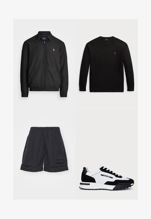 Černá bomber bunda vyrobená z hladkého materiálu, se zipem vpředu, elastickými manžetami, bočními kapsami a malým vyšitým logem na hrudi.; Černé dlouhé tričko s dlouhým rukávem vyrobené z bavlny. Má kulatý výstřih, žebrované manžety a malé červené vyšití loga na hrudi. Hladká textura.; Černé cargo šortky s elastickým pasem, se boční kapsou a volným střihem. Vyrobené z lehkého materiálu s hladkou texturou.; Tenisky s černým semišem a bílou koženou svrchní částí, s černou gumovou podrážkou, bílými tkaničkami a logem "POLO SPORT" na boku.