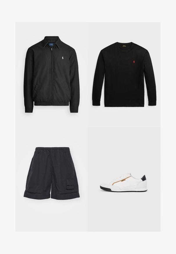 Černá bomber bunda vyrobená z hladkého materiálu, se zipem vpředu, elastickými manžetami, bočními kapsami a malým vyšitým logem na hrudi.; Černé dlouhé tričko s dlouhým rukávem vyrobené z bavlny. Má kulatý výstřih, žebrované manžety a malé červené vyšití loga na hrudi. Hladká textura.; Černé cargo šortky s elastickým pasem, se boční kapsou a volným střihem. Vyrobené z lehkého materiálu s hladkou texturou.; Bílé sportovní boty s akcenty z meshe a kůže. Mají zlaté logo "BOSS", texturované boční panely a černý podpatek. Gumová podrážka.