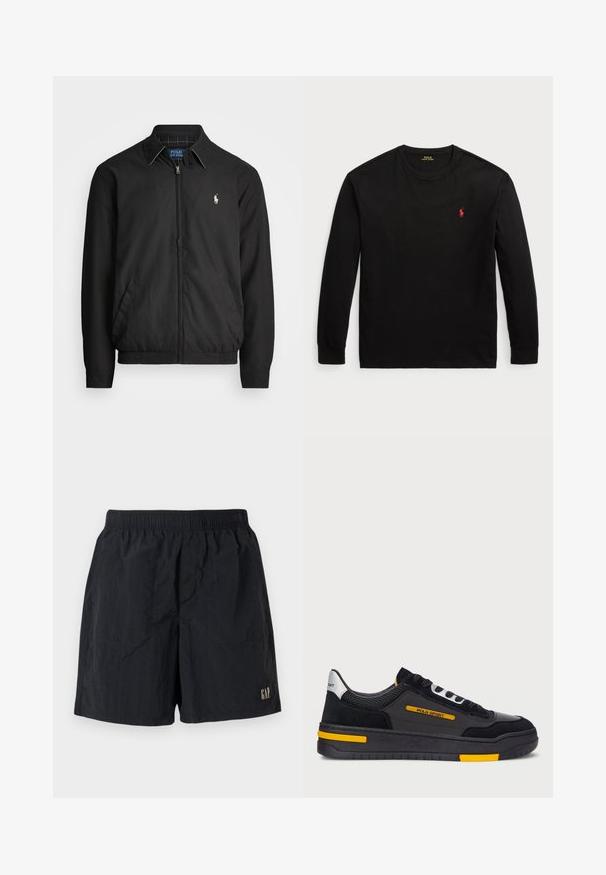 Sort bomberjakke lavet af glat materiale med lynlåslukning foran, elastiske manchetter, sidelommer og et lille broderet logo på brystet.; Sort langærmet t-shirt lavet af bomuld. Har en rund halsudskæring, ribbede manchetter og et lille rødt broderet logo på brystet. Glat tekstur.; Sorte shorts med elastisk talje, med et logomærke nederst til højre, lavet af letvægtsstof med en krøllet tekstur.; Sorte sneakers med overdel i ruskind og mesh, gule accenter og en tyk sort sål. Snøre lukning og "POLO SPORT" mærkning på siden.