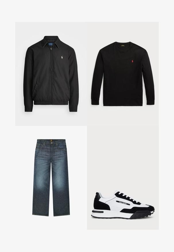 Musta bomber-takki, joka on valmistettu sileästä materiaalista ja jossa on vetoketjukiinnitys, joustavat hihansuut, sivutaskut ja pieni brodeerattu logo rinnassa.; Musta pitkähihaisen t-paita 100 % puuvillaa. Ominaisuuksiin kuuluu pyöreä pääntie, ribatut hihansuut ja pieni punainen brodeerattu logo rinnassa. Silkkinen pinta.; Tummansiniset leveälahkeiset farkut, jotka on valmistettu denimistä, ja joissa on viisi taskua, kontrastiväriset ompeleet sekä nappi vyötäröllä.; Kengät mustasta mokasta ja valkoisesta nahasta, joissa on musta kumipohja, valkoiset nauhat ja "POLO SPORT" -logo sivussa.