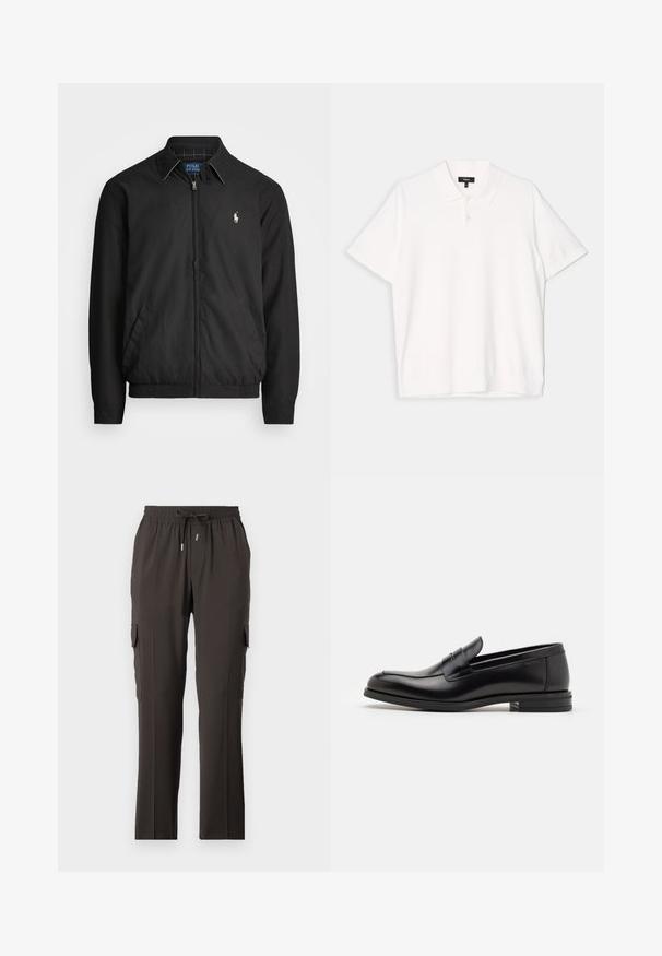 Zwarte bomberjack van glad materiaal met een rits aan de voorkant, elastische manchetten, zijzakken en een klein geborduurd logo op de borst.; Witte korte mouwen polo shirt met een klassieke kraag, drie knoopsluitingen en een rechte zoom. Zachte textuur en eenvoudig ontwerp.; Donkerbruine cargobroek met een elastische tailleband, verstelbaar trekkoord en zijzakken voor opslag. Soepele stofstructuur, recht pasvorm.; Zwarte leren instappers met een gladde textuur, ronde neus en een decoratieve band over de wreef. Lage, gestapelde hak en minimalistisch ontwerp.