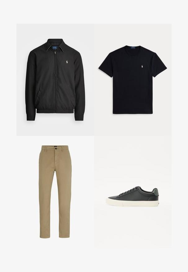Veste bomber noire en matériau lisse, dotée d'une fermeture éclair à l'avant, de poignets élastiques, de poches latérales et d'un petit logo brodé sur la poitrine.; T-shirt en coton noir avec un col rond, des manches courtes et un petit logo brodé sur la poitrine gauche. Texture lisse.; Chinos en coton beige avec une coupe ajustée, devant plat et fermeture par bouton. Comprend des passants de ceinture et des poches latérales pour plus de fonctionnalité.; Sneaker en cuir noir avec une finition texturée, semelle en caoutchouc blanche, bout rond et accent vert au talon. Design à lacets avec six œillets.