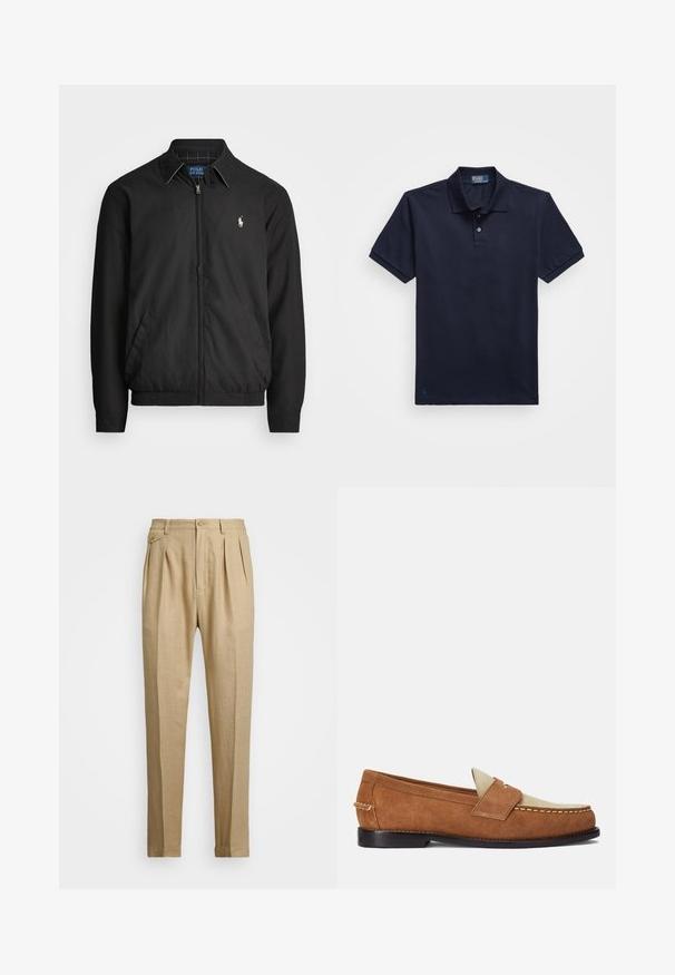 Čierna bomber bunda vyrobená z hladkého materiálu s predným zipsom, elastickými manžetami, bočnými vreckami a malým vyšívaným logom na hrudi.; Námornícky modrá polo košeľa vyrobená z texturovanej tkaniny, s dvojcestným zapínaním a malým vyšitým logom na leme. Krátke rukávy.; Bežové ľanové nohavice so strihaním do rovna, so 'dvoma prednými záhybmi, s gombíkovým zapínaním a bočnými vreckami. Textúrovaná látka s hladkým povrchom.; Polo Ralph Lauren ALSTON SUEDE PENNY LOAFER - Našuchovačky - teak/bone