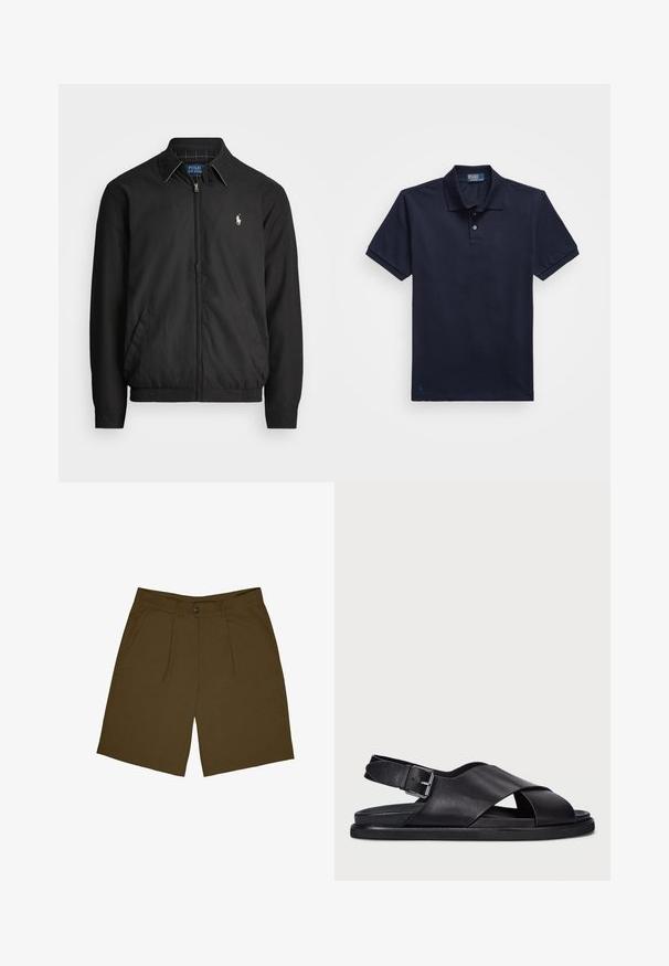 Schwarze Bomberjacke aus glattem Material mit Frontreißverschluss, elastischen Bündchen, seitlichen Taschen und einem kleinen gestickten Logo auf der Brust.; Dunkelblaues Poloshirt aus strukturiertem Stoff mit einer Knopfleiste mit zwei Knöpfen und einem kleinen gestickten Logo am Saum. Kurze Ärmel.; Braune plissierte Shorts mit flachem Bund, zwei Seitentaschen und Knopfverschluss. Der Stoff wirkt leicht und hat eine glatte Textur.; Polo Ralph Lauren ZANE LEATHER SANDAL - Riemensandalette - black