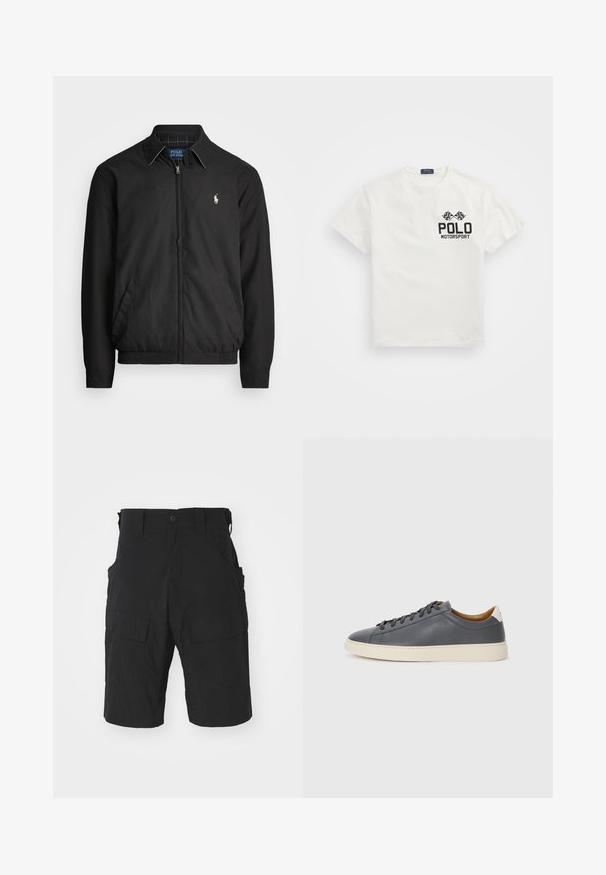 Jachetă bomber neagră din material neted, cu fermoar frontal, manșete elastice, buzunare laterale și un mic logo brodat pe piept.; Tricou alb din bumbac cu guler rotund, cu un logo negru "Polo Motorsport" și steaguri încrucișate pe partea stângă a pieptului.; Shorts cargo negri dintr-o țesătură ușoară, cu mai multe buzunare, închidere cu nasture și o croială relaxată, cu lungime la genunchi.; Adidași din piele gri, cu vârf rotund, talpă din cauciuc, șireturi plate și accente de culoare deschisă pe călcâi. Textură netedă și design minimalist.