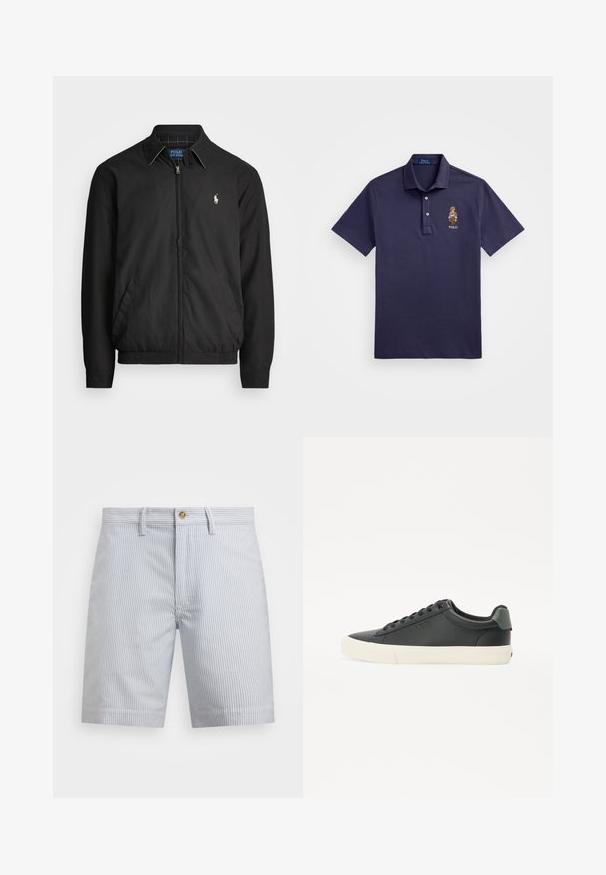 Svart bomberjakke laget av glatt materiale med glidelås foran, elastiske mansjetter, sidelommer og en liten brodert logo på brystet.; Polo Ralph Lauren CUSTOM SLIM POLO BEAR MESH POLO SHIRT - Poloskjorter - faded blue bear; Stripete shorts i lyseblått og hvitt. Laget av bomull, med knappelås, sidelommer og rett linning.; Svart lær sneakers med teksturert overflate, hvit gummisåle, rund tupp og grønn detalj ved hælen. Seks snøring-hull design.