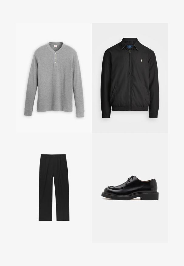 Fekete bomber dzseki sima anyagból, elülső cipzárral, rugalmas mandzsettákkal, oldalsó zsebekkel és egy kis hímzett logóval a mellen.; Szürke, hosszú ujjú henley póló bordás anyagból, három gombos nyakkivágással és enyhén testhez simuló fazonnal.; Fekete nadrág egyenes szárú kialakítással, sima anyagból készült. Elöl redők és egy gombos záródás található a derékon.; Fekete bőrcipő lekerekített orral, varrott részletekkel, minimális fűzővel és vastag gumitalppal a tapadás és tartósság érdekében.