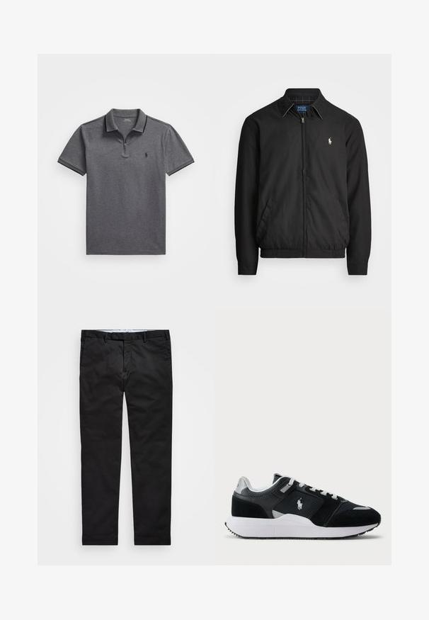 Černá bomber bunda vyrobená z hladkého materiálu, se zipem vpředu, elastickými manžetami, bočními kapsami a malým vyšitým logem na hrudi.; Polo tričko v tmavě šedé barvě se zipovým límcem, s texturovanou tkaninou, krátkými rukávy a malým černým logem na levé straně hrudníku.; Černé chinos kalhoty se střihem rovného nohavice, vyrobené ze směsového bavlněného materiálu, s zipovým zapínáním, poutky na opasek a bočními kapsami. Hladká textura.; Černobílé nízké tenisky s vrchní částí z síťoviny a semiše, bílé tkaničky, bílá podešev a logo póla na boku.