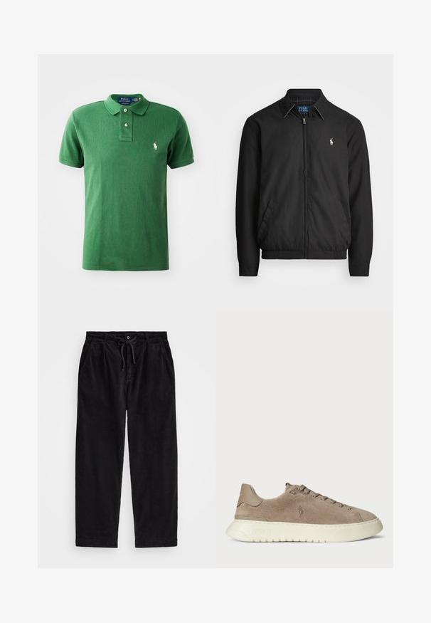Svart bomberjakke laget av glatt materiale med glidelås foran, elastiske mansjetter, sidelommer og en liten brodert logo på brystet.; Grønn polo skjorte laget av bomull, med krage, tre knapper, og en liten hvit logo på venstre bryst. Teksturert stoff.; Svart corduroybukser med avslappet passform, med elastisk midjebånd og snor, samt sidelommer. Stoffet har ribbet tekstur.; Suedepumps i taupe med hvit gummisåle. Funksjoner inkluderer snøring foran og en logo preget på siden og hælen.