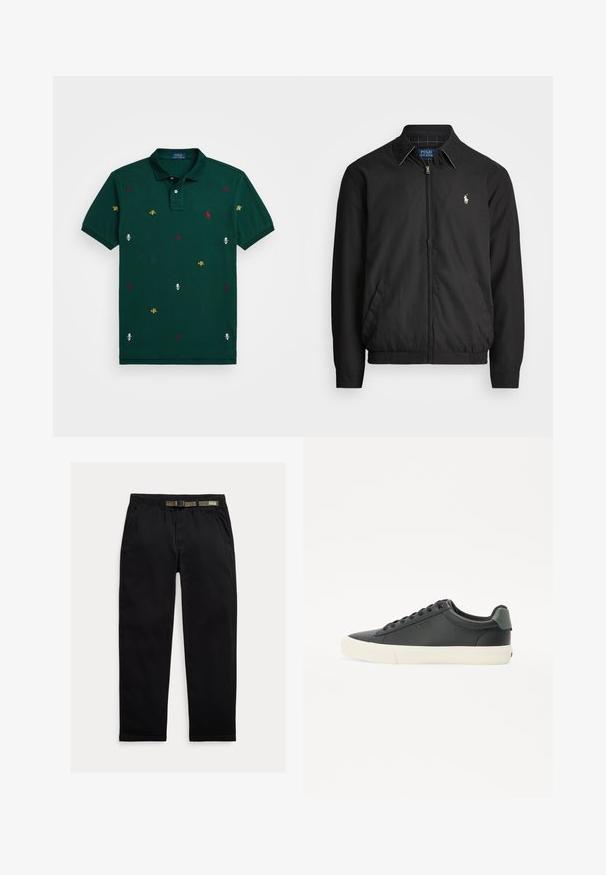 Svart bomberjacka i slätt material med dragkedja fram, elastiska ärmmuddar, sidofickor och en liten broderad logotyp på bröstet.; Polo Ralph Lauren CUSTOM EMBROIDERED MESH POLO SHIRT - Piké - moss agate; Svarta byxor tillverkade av lättviktigt tyg, med en elastisk midja och ett integrerat grönt bälte, rakt ben och sidofickor.; Svarta lädersneakers med en texturerad yta, vit gummisula, rund tå och grönt inslag vid hälen. Design med snörning genom sex öglor.