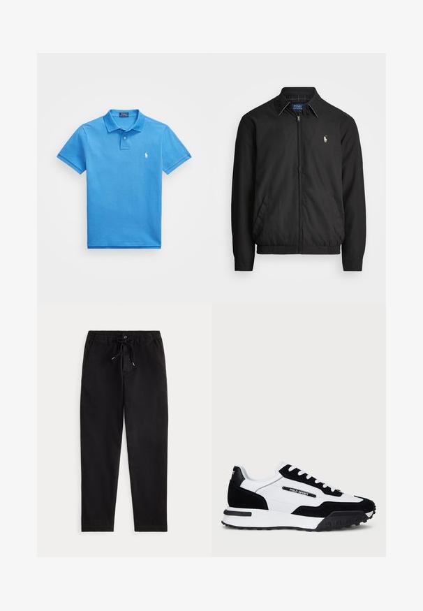 Casaco bomber preto feito de material liso, com fecho éclair à frente, punhos elásticos, bolsos laterais e um pequeno logótipo bordado no peito.; Camisa polo azul em algodão com colarinho canelado e pala com dois botões. Apresenta um pequeno logotipo branco no lado esquerdo do peito. Mangas curtas.; Calças casuais pretas com cintura elástica, cordão de ajuste, botão frontal e bolsos laterais, exibidas sobre um fundo simples.; Ténis com um cabedal em camurça preta e pele branca, apresentando uma sola em borracha preta, atacadores brancos e um logo "POLO SPORT" na lateral.