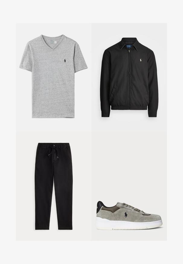 Czarna kurtka bombowiec wykonana z gładkiego materiału, z zamkiem z przodu, elastycznymi mankietami, kieszeniami bocznymi i małym haftowanym logo na klatce piersiowej.; Szara bawełniana koszulka polo z dekoltem w serek, z krótkim rękawem oraz małym czarnym logo po lewej stronie na klatce piersiowej. Miękka tekstura i swobodny styl.; Czarne casualowe spodnie z elastycznym pasem, sznurkiem do regulacji, guzikiem z przodu oraz bocznymi kieszeniami, zaprezentowane na jednolitym tle.; Szare zamszowe sneakersy z teksturowaną cholewką, kontrastującym czarnym zapiętkiem, białą podeszwą oraz haftowanym logo. Zapięcie na sznurówki z sześcioma oczkami.