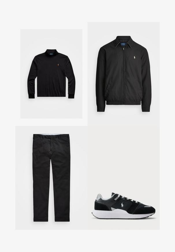 Casaco bomber preto feito de material liso, com fecho éclair à frente, punhos elásticos, bolsos laterais e um pequeno logótipo bordado no peito.; Polo preto de manga longa com gola alta, feito de um tecido suave, apresentando um pequeno logotipo colorido bordado no lado esquerdo do peito e punhos ajustados.; Chinos pretos com um corte reto, feitos de tecido em mistura de algodão, apresentando fecho de zíper, passantes para cinto e bolsos laterais. Textura suave.; Sapatilha baixa em preto e branco com parte superior em malha e camurça, atacadores brancos, sola branca e um logo de jogador de polo na lateral.