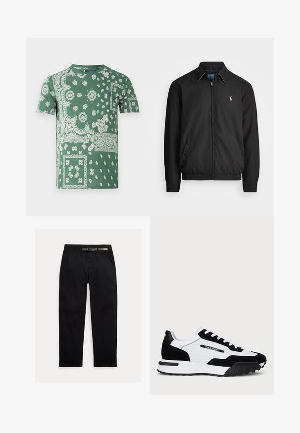 Svart bomberjakke laget av glatt materiale med glidelås foran, elastiske mansjetter, sidelommer og en liten brodert logo på brystet.; Grønn bomulls T-skjorte med intrikate hvite paisley- og blomsterdesign, rund hals og korte ermer.; Sorte bukser laget av lett stoff, med strikk i midjen og en integrert grønn belte, rett ben-kutt og sidelommer.; Sko med svart gamasj og hvit skinn-overdel, med svart gummisåle, hvite lisser og en "POLO SPORT" logo på siden.