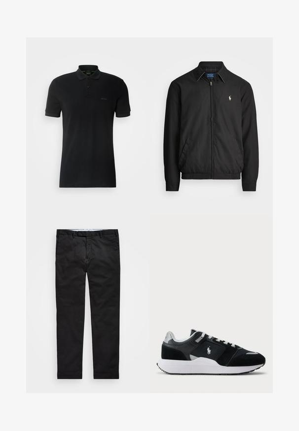 Juodas bombonešis, pagamintas iš lygios medžiagos, su užtrauktuku priekyje, elastingomis rankogaliais, šalutinėmis kišenėmis ir maža siuvinėta logotipu ant krūtinės.; Juodas medvilninis polo marškinėliai su trumpomis rankovėmis, klasikiniu apykakliu ir dviem mygtukais. Ant krūtinės yra subtilus logotipas.; Juodos kelnės su tiesiomis kojomis, pagamintos iš medvilnės ir poliesterio mišinio, su užtrauktuku, diržo kilputėmis ir šoninėmis kišenėmis. Lygus paviršius.; Juoda ir balta žema sneakeris su tinklo ir zomšos viršumi, baltais raišteliais, balta pado dalimi ir polo žaidėjo logotipu šone.