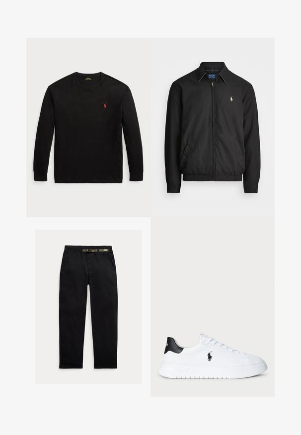 Svart bomberjakke laget av glatt materiale med glidelås foran, elastiske mansjetter, sidelommer og en liten brodert logo på brystet.; Svart langermet T-skjorte laget av bomull. Den har rund hals, ribbestrikkede mansjetter og en liten rød brodert logo på brystet. Jevn tekstur.; Sorte bukser laget av lett stoff, med strikk i midjen og en integrert grønn belte, rett ben-kutt og sidelommer.; Hvit lavt beskåret sneaker med svart hælflik og svart Polo Ralph Lauren-logo på siden, med hvite lisser og tykk gummisåle.