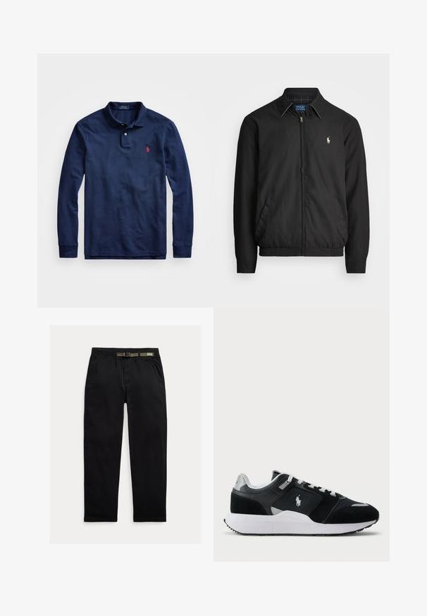 Svart bomberjakke laget av glatt materiale med glidelås foran, elastiske mansjetter, sidelommer og en liten brodert logo på brystet.; Marine langermet polo skjorte laget av bomull, med en to-knapp placket, ribbestrikkede ermer og en liten rød logo på venstre bryst.; Sorte bukser laget av lett stoff, med strikk i midjen og en integrert grønn belte, rett ben-kutt og sidelommer.; Svart-hvitt low-top sneaker med mesh og semsket skinn på overdelen, hvite snørebånd, hvit såle, og en polo-spiller logo på siden.