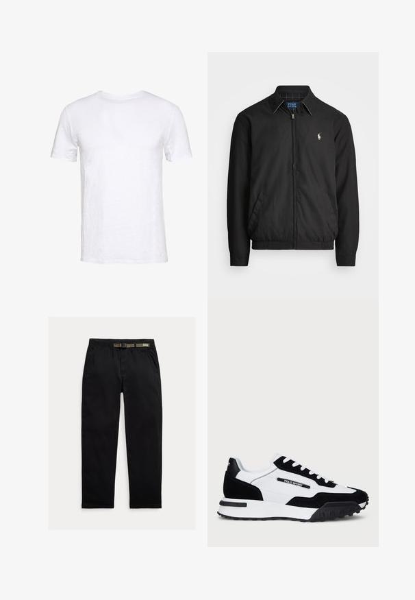Schwarze Bomberjacke aus glattem Material mit Frontreißverschluss, elastischen Bündchen, seitlichen Taschen und einem kleinen gestickten Logo auf der Brust.; Weißes T-Shirt mit kurzen Ärmeln aus weicher Baumwolle, Rundhalsausschnitt, schlichtem Design und geradem Schnitt, geeignet für die Freizeit.; Schwarze Hose aus leichtem Material, mit einem elastischen Bund und einem integrierten grünen Gürtel, geradem Beinabschluss und seitlichen Taschen.; Turnschuhe mit einem Obermaterial aus schwarzem Wildleder und weißem Leder, ausgestattet mit einer schwarzen Gummisohle, weißen Schnürsenkeln und einem "POLO SPORT"-Logo an der Seite.