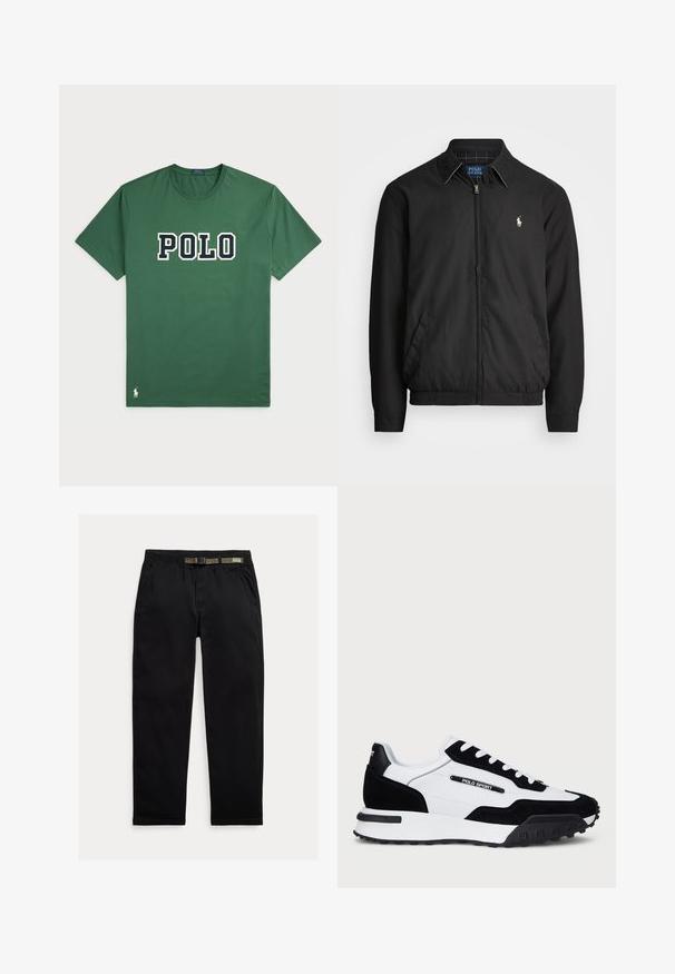 Svart bomberjakke laget av glatt materiale med glidelås foran, elastiske mansjetter, sidelommer og en liten brodert logo på brystet.; Grønn bomull T-skjorte med et stort "POLO"-logo i hvitt og marineblått. Korte ermer, rund hals, og liten logodetalj ved kanten.; Sorte bukser laget av lett stoff, med strikk i midjen og en integrert grønn belte, rett ben-kutt og sidelommer.; Sko med svart gamasj og hvit skinn-overdel, med svart gummisåle, hvite lisser og en "POLO SPORT" logo på siden.