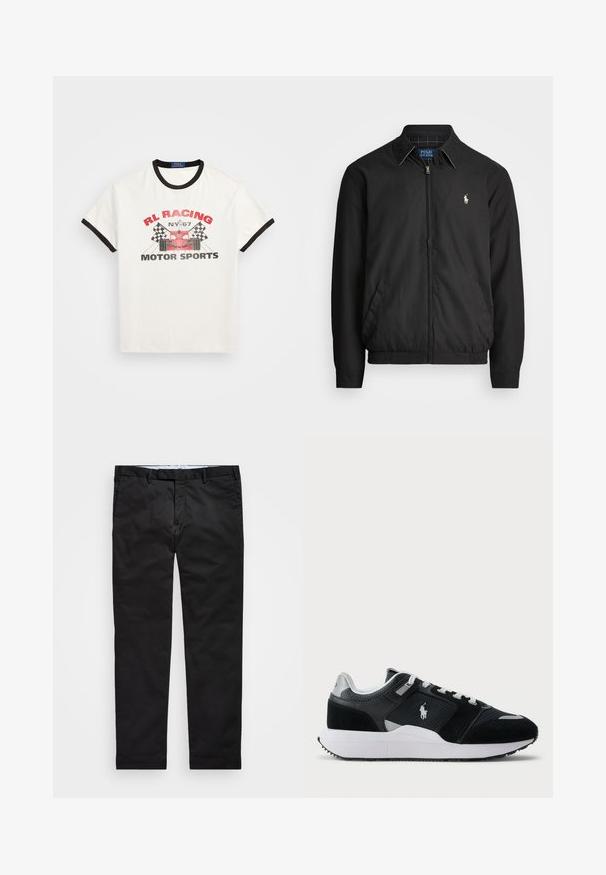 Black bomber jacket made of smooth material featuring a zip front, elastic cuffs, side pockets, and a small embroidered logo on the chest.; White cotton t-shirt with black ringer collar and sleeves. Features red and black graphic print with an illustration of a race car and checkered flags.; Black chinos with a straight-leg fit, made of cotton blend fabric, featuring a zip fly, belt loops, and side pockets. Smooth texture.; Black and white low-top sneaker with mesh and suede upper, white laces, white sole, and a polo player logo on the side.