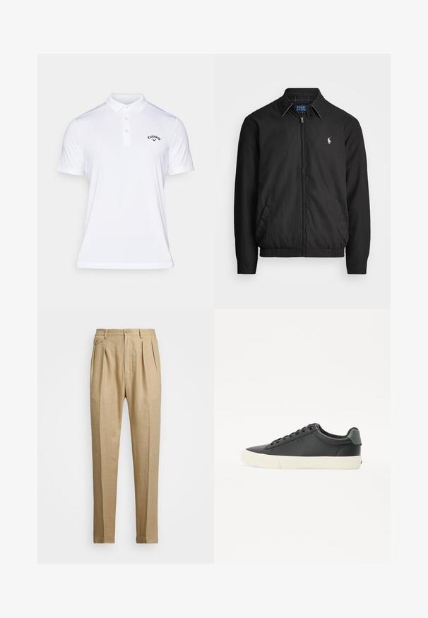 Czarna kurtka bombowiec wykonana z gładkiego materiału, z zamkiem z przodu, elastycznymi mankietami, kieszeniami bocznymi i małym haftowanym logo na klatce piersiowej.; Callaway - Koszulka polo; Beżowe lniane spodnie o prostym kroju, z dwoma fałdami z przodu, z zapięciem na guzik i kieszeniami po bokach. Teksturowana tkanina o gładkim wykończeniu.; Czarne skórzane sneakersy z fakturowanym wykończeniem, białą gumową podeszwą, okrągłym noskiem i zielonym akcentem na pięcie. Sznurowanie na sześć oczek.
