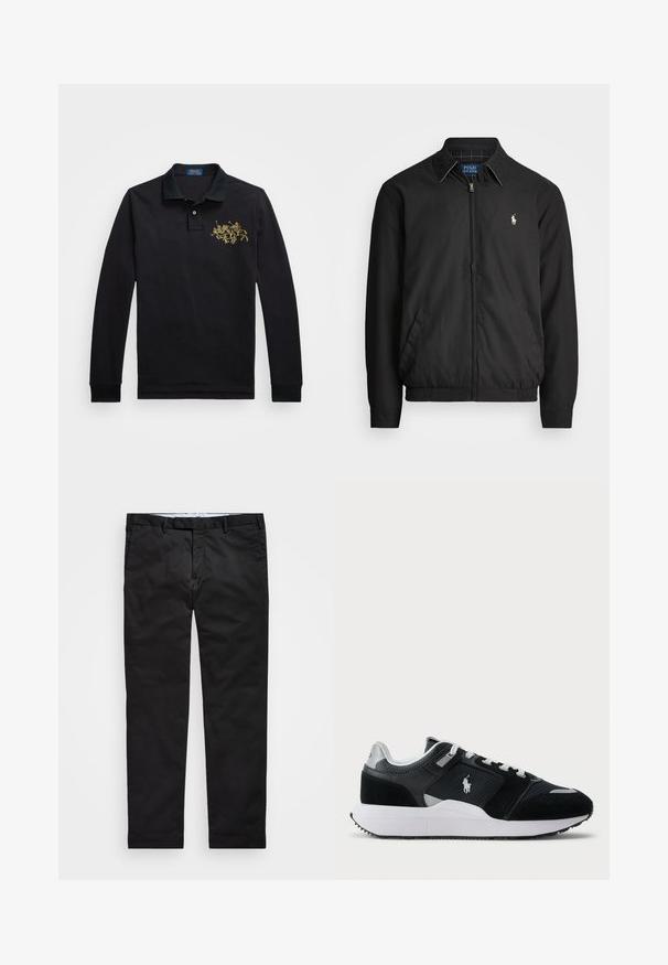 Juodas bombonešis, pagamintas iš lygios medžiagos, su užtrauktuku priekyje, elastingomis rankogaliais, šalutinėmis kišenėmis ir maža siuvinėta logotipu ant krūtinės.; Juodas ilgomis rankovėmis polo marškinėliai, pagaminti iš kvėpuojančios medžiagos, su geltonai siuvinėjamu polo žaidėjo piešiniu kairiajame krūtinės šone.; Juodos kelnės su tiesiomis kojomis, pagamintos iš medvilnės ir poliesterio mišinio, su užtrauktuku, diržo kilputėmis ir šoninėmis kišenėmis. Lygus paviršius.; Juoda ir balta žema sneakeris su tinklo ir zomšos viršumi, baltais raišteliais, balta pado dalimi ir polo žaidėjo logotipu šone.