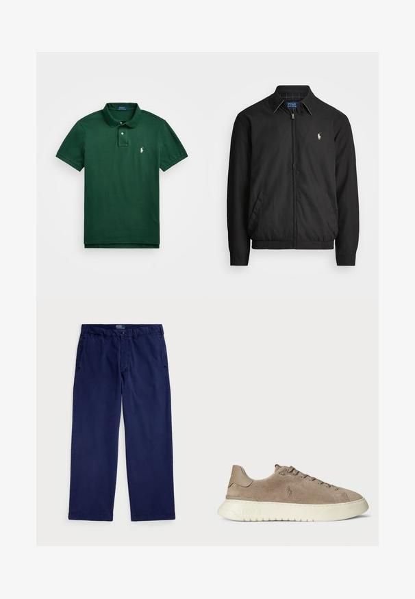 Svart bomberjakke laget av glatt materiale med glidelås foran, elastiske mansjetter, sidelommer og en liten brodert logo på brystet.; Polo Ralph Lauren SLIM FIT POLO SHIRT - Poloskjorter - moss agate; Mørkeblå bomullschinos med rett ben-design, med sidelommer og knappelukking i livet. Glatt tekstur, klassisk passform.; Suedepumps i taupe med hvit gummisåle. Funksjoner inkluderer snøring foran og en logo preget på siden og hælen.
